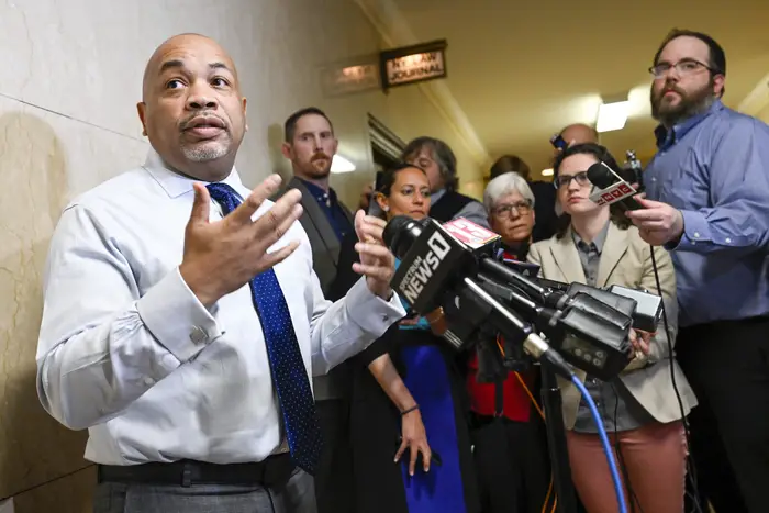 Assembly Speaker Carl Heastie, D-Bronx, talks with reporters after listening to New York Gov. Kathy Hochul's executive state budget at the state Capitol in Albany. Heastie has expressed support toward an expanded film tax credit.